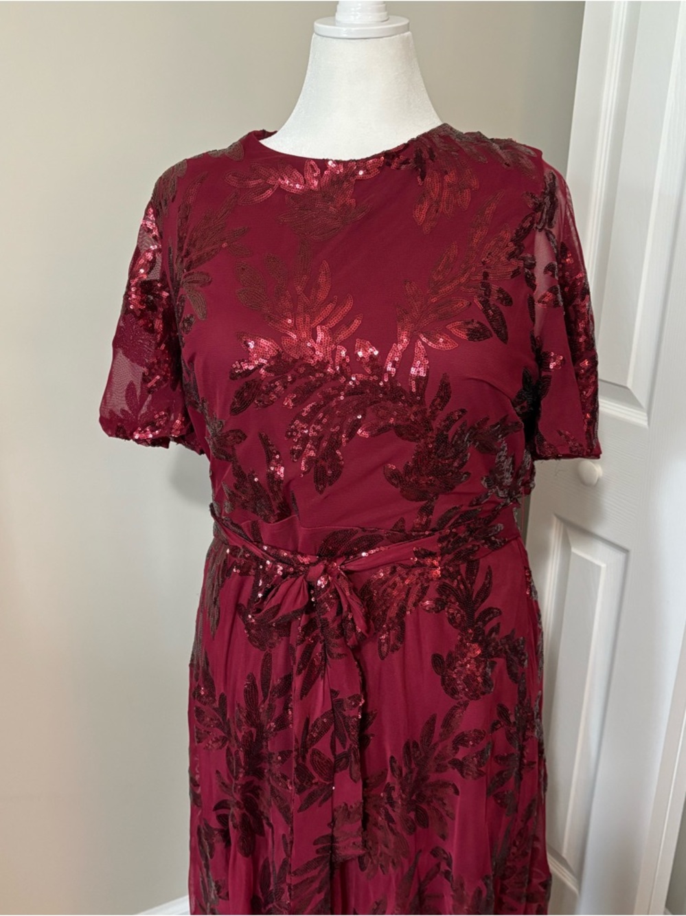 Baltic Born Burgundy Sequin Maxi Dress with Tie Waist